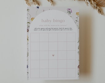 EMELINE | Babybingo, afdrukbaar babyshowerspel, babyshowerbingo, kleine wilde bloem, wilde bloem, boho meisjesbabyshower, bloemen