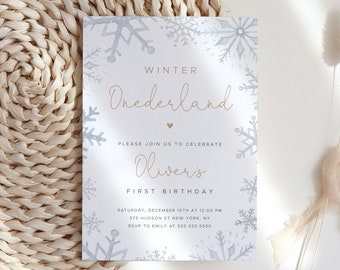 Winter Onederland First Birthday Invitation Template, Winter Wonderland Birthday, Boys First Birthday, 1st Birthday, Snow, Editable | Ivy