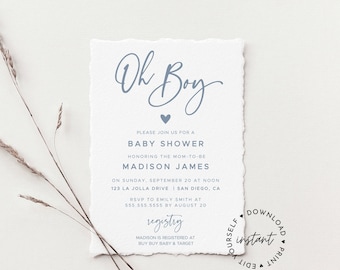 Può includere: Un invito a una festa di benvenuto per un bambino in blu e bianco. L'invito dice "Oh Boy" con un piccolo cuore e include i dettagli della festa, tra cui la data, l'ora, il luogo e le informazioni RSVP. L'invito include anche un piccolo cerchio con il testo "Scarica, Modifica, Stampa, Istantaneo".