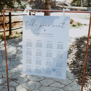 Blue Watercolor Seating Chart Sign Template, Seating Plan Blue Watercolor, Editable, Elegant Baby Shower, Boy Baby Shower #01BW