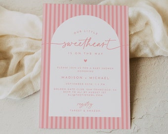 Little Sweetheart Baby Shower Invitation, Valentine Baby Shower Invite, Hearts Baby shower, Pink Stripes Minimal Modern | CHARLOTTE