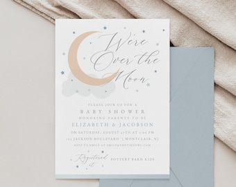 Editable Over the moon baby shower invitation template, blue Twinkle Little Star baby shower invite, Printable Template, Instant download