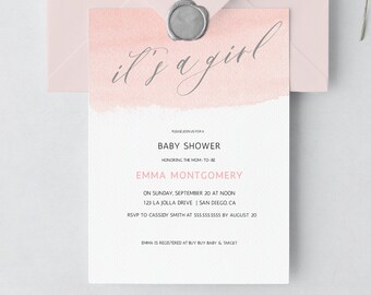 Puede incluir: Una invitación de baby shower rosa y blanca con el texto "it's a girl" en letra cursiva. La invitación incluye los detalles del evento, incluida la fecha, la hora, la ubicación y la información de RSVP. El texto "Emma Montgomery" también está incluido en la invitación.