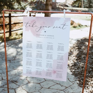 Roze blos aquarel zitplaatsen grafiek teken sjabloon, plattegrond van de zitplaatsen Blush roze aquarel, bewerkbare, elegante babyshower #02BW