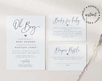 Oh Boy Baby Shower Invitation Suite Template, Boy Baby Shower Blue, DIY Baby Shower Invitation, Minimalist Baby Shower, Editable #010MB