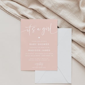 Girl Blush Pink Baby Shower Invitation Template, DIY Baby Shower Invitation, Minimalist Baby Shower, Editable Invitation #022MP