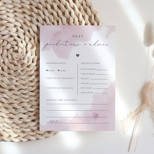 Tarjeta de predicciones para bebés en acuarela rosa ruborizado, tarjeta de consejos y deseos para padres, juegos para baby shower, baby shower de niña editable #02BW