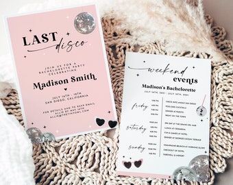 MARCIA | Last Disco Bachelorette Weekend Itinerary | Retro Disco Bachelorette Party Editable Invitation | Disco Ball Bachelorette Party