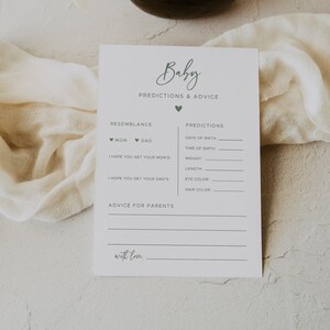 AVERY | Witte en saliegroene kaart babyvoorspelling, kaart advies en wensen voor ouders, babyshowerspelletjes, genderneutrale babyshower bewerkbaar