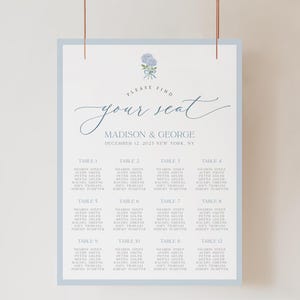 Blue Hydrangea Seating Chart Sign Template, Dusty Blue Border, Editable, Wedding, Coastal, Download, Templett Editable Template | NANCY