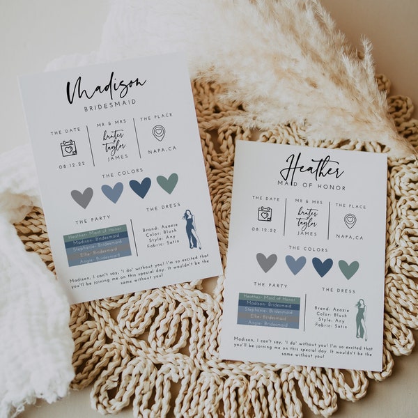 Bridesmaid Info Card Template, Bridesmaid Box Detail Card, Bridesmaid Proposal Info Card, Modern Bridesmaid Infographic