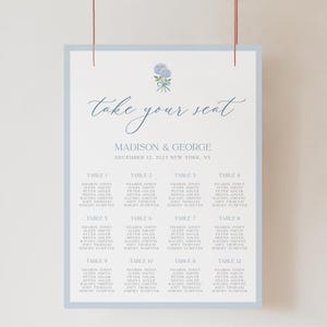 Blue Hydrangea Seating Chart Sign Template, Dusty Blue Border, Editable, Wedding, Coastal, Download, Templett Editable Template | NANCY
