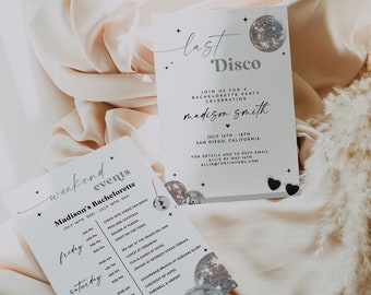 MARCIA | Last Disco Bachelorette Weekend Itinerary | Retro Disco Bachelorette Party Editable Invitation | Disco Ball Bachelorette Party