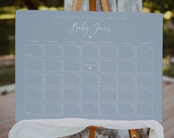 Modello di cartello del calendario Dusty Blue per indovinare la data di scadenza, gioco per baby shower "Indovina il compleanno", giochi per baby shower #010MB