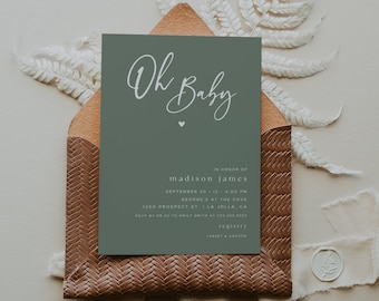 AVERY | Sage Green Baby Shower Invitation Template, Oh Baby Minimalist Baby Shower Invite, Gender Neutral Shower, Editable Invitation