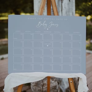 Dusty Blue Guess the Due Date Calendar Sign Template, Guess the Birthday Baby Shower Game, Baby Shower Games #010MB