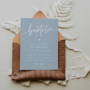 Boy Baptism Invitation, Christening Invite , Dusty Blue Invite, Boys Blue Modern Invite, Baptism Invite #010MB