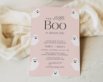 Little Boo Baby Shower Invite template, Halloween Baby Shower invitation, Pink, Cute Ghosts, Fall, Editable | SPOOKY