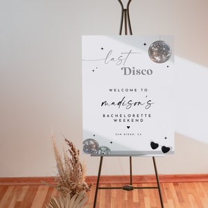 MARCIA | Last Disco Bachelorette Welcome Sign Template, Printable Welcome Sign, Silver Welcome Sign, Disco Ball Bach DIY