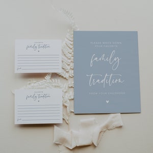 Stoffig blauw bord met familietradities, babyshower, herinnering delen, jeugdherinnering, afdrukbare sjabloon, #010 MB