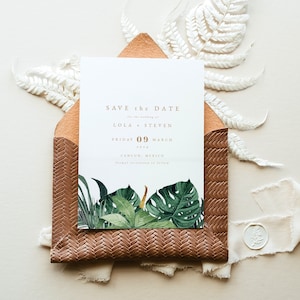 LOLA | Tropische save-the-date-sjabloon, palmblad-save-the-date, strand Save the Date, bestemming Save the Date, Save the Date-eiland met foto