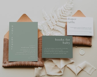 NOAH | Sage Green Baby Shower Invitation Suite Template, Oh Baby Minimalist Baby Shower Invite, Gender Neutral Shower, Editable Invitation
