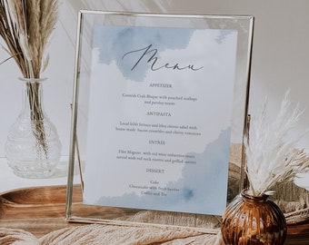 Blue Watercolor Editable Menu Sign 8x10, Wedding Menu, Baby Shower Menu #01BW