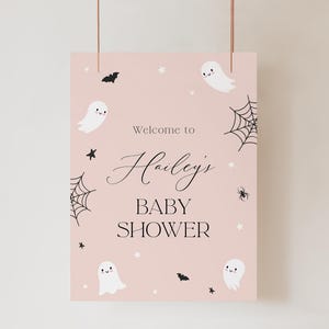 Pink Ghost Baby Shower Welcome Sign: Little Boo Halloween Theme (Editable Template Instant Download)