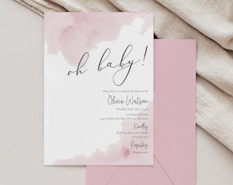 Puede incluir: Una invitación de baby shower rosa y blanca con el texto "oh baby!" y los detalles del evento: Olivia Watson, sábado 8 de julio, de 12:00 a 15:00, L'Auberge Del Mar, 1540 Camino Del Mar, Del Mar, CA 92014. RSVP antes del 8 de junio a Kelly. Registro de regalos: Amazon.com.
