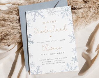 Winter Onederland First Birthday Invitation Template, Winter Wonderland Birthday, Boys First Birthday, 1st Birthday, Snow, Editable | Ivy