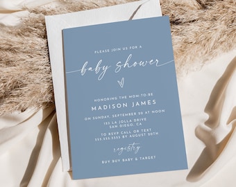 Può includere: Un invito a un baby shower blu con testo bianco. L'invito recita "Si prega di unirsi a noi per un baby shower" e include il nome "Madison James". L'invito include anche la data, l'ora e il luogo del baby shower, nonché le informazioni RSVP. L'invito include anche il testo "lista nozze" e i nomi dei negozi in cui si trova la lista nozze.
