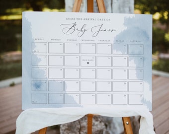 Dusty Blue Guess the Due Date Calendar Sign Template, Guess the Birthday Baby Shower Game, Baby Shower Games #01BW