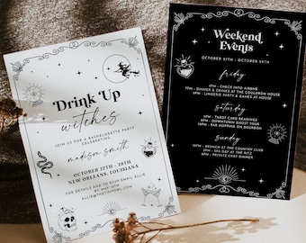 Witch Bachelorette Party Invitation and Itinerary Template, Halloween Bach Party, Drink up Witches, EDITABLE | WINIFRED