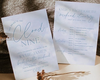 REESE | EDITABLE The Bride Is On Cloud Nine Bachelorette Invitation and Itinerary, Digital Download