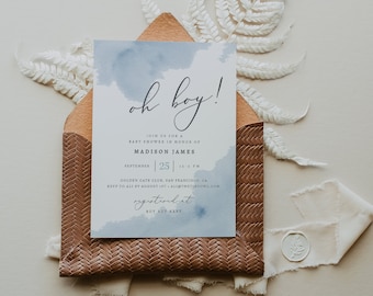 May include: A blue and white baby shower invitation with the text "oh boy!" and the name "Madison James". The invitation is for a baby shower on September 25th at 3:00 PM at the Golden Gate Club in San Francisco, CA. The RSVP information is included on the invitation.