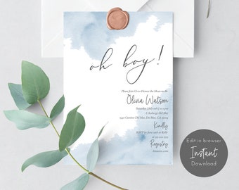 Oh Junge-Babyparty-Einladungsvorlage, Junge-Babyparty-Einladung blau Aquarell, druckbare einladen bearbeitbare Einladung, elegante Babyparty