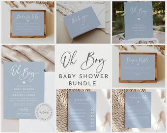 Oh Boy Baby Shower Invitation Bundle, Boy Baby Shower Invites Blue, Printable Editable Invitation, Elegant Baby Shower #010MB