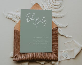 AVERY | Sage Green Baby Shower Invitation Template, Oh Baby Minimalist Baby Shower Invite, Gender Neutral Shower, Editable Invitation