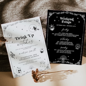 Witch Bachelorette Party Invitation and Itinerary Template, Halloween Bach Party, Drink up Witches, EDITABLE | WINIFRED