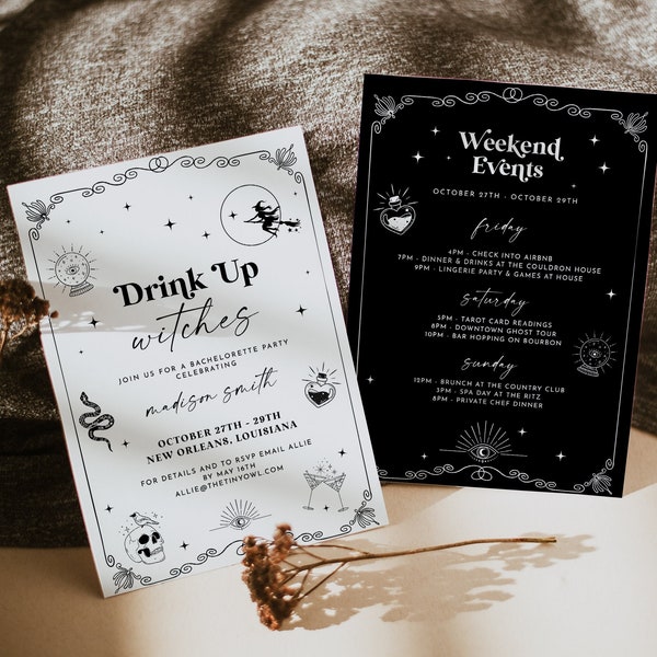 Witch Bachelorette Party Invitation and Itinerary Template, Halloween Bach Party, Drink up Witches, EDITABLE | WINIFRED