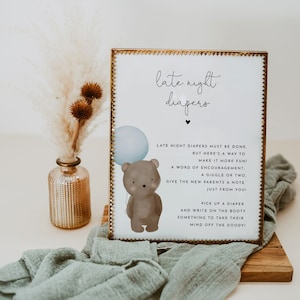 TEDDY | Bär Baby Shower Late Night Windel Spiel Zeichen, Baby Shower Late Night Windel Zeichen, Baby Bär, DIY bearbeitbare Vorlage
