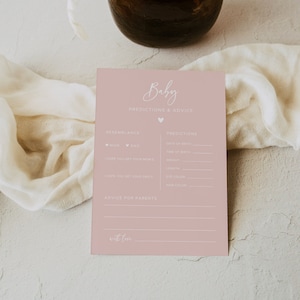 Blush roze kaart babyvoorspelling, kaart advies en wensen voor ouders, babyshowerspelletjes, babyshower voor meisjes bewerkbaar #022MP