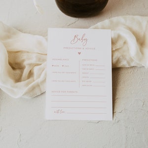 Witte blos roze kaart babyvoorspelling, kaart advies en wensen voor ouders, babyshowerspelletjes, babyshower voor meisjes bewerkbaar #022MP