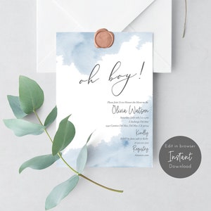 Oh Boy Baby Shower Invitation Template, Boy Baby Shower Invites Blue Watercolor, Printable Invite Editable Invitation, Elegant Baby Shower
