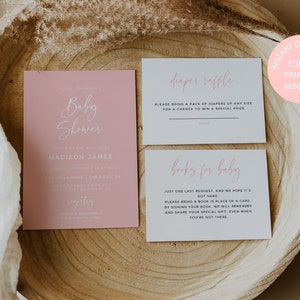 Pink Baby Shower Invitation Template | Girl Baby Shower Bundle | Books for Baby Diaper Raffle | Minimalist Baby Shower Invite