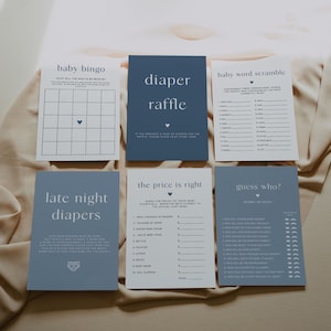 Jayden | Dark Dusty Blue Baby Shower Game Bundle, Boho Baby Shower Game Kit, Printable Baby Shower Games, Minimal