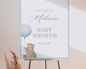 Bear Baby Shower Welcome Sign: Blue Balloon, It's a Boy, Printed & Shipped