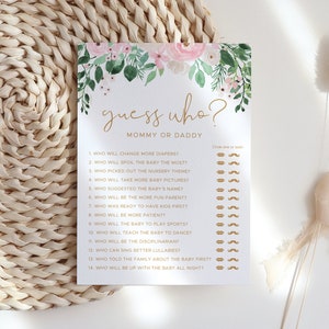 Guess Who Baby Shower Spiel Vorlage, Blush Floral Greenery Printable, 100% bearbeitbarer Text, Sofort Download, Templett #011BG
