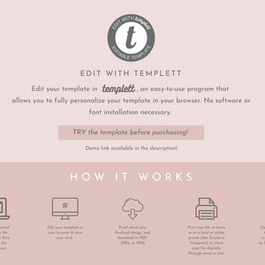 May include: A pink and white graphic with the text "Edit with Templett" and instructions on how to use the Templett program to edit a template. The graphic includes icons for email, computer, cloud, printer, and party hat.