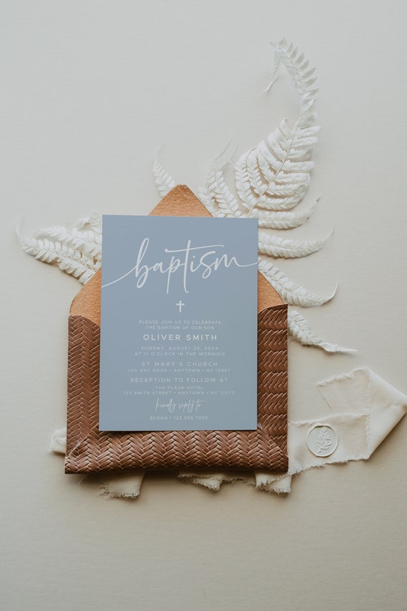 Boy Baptism Invitation, Christening Invite , Dusty Blue Invite, Boys Blue Modern Invite, Baptism Invite #010MB